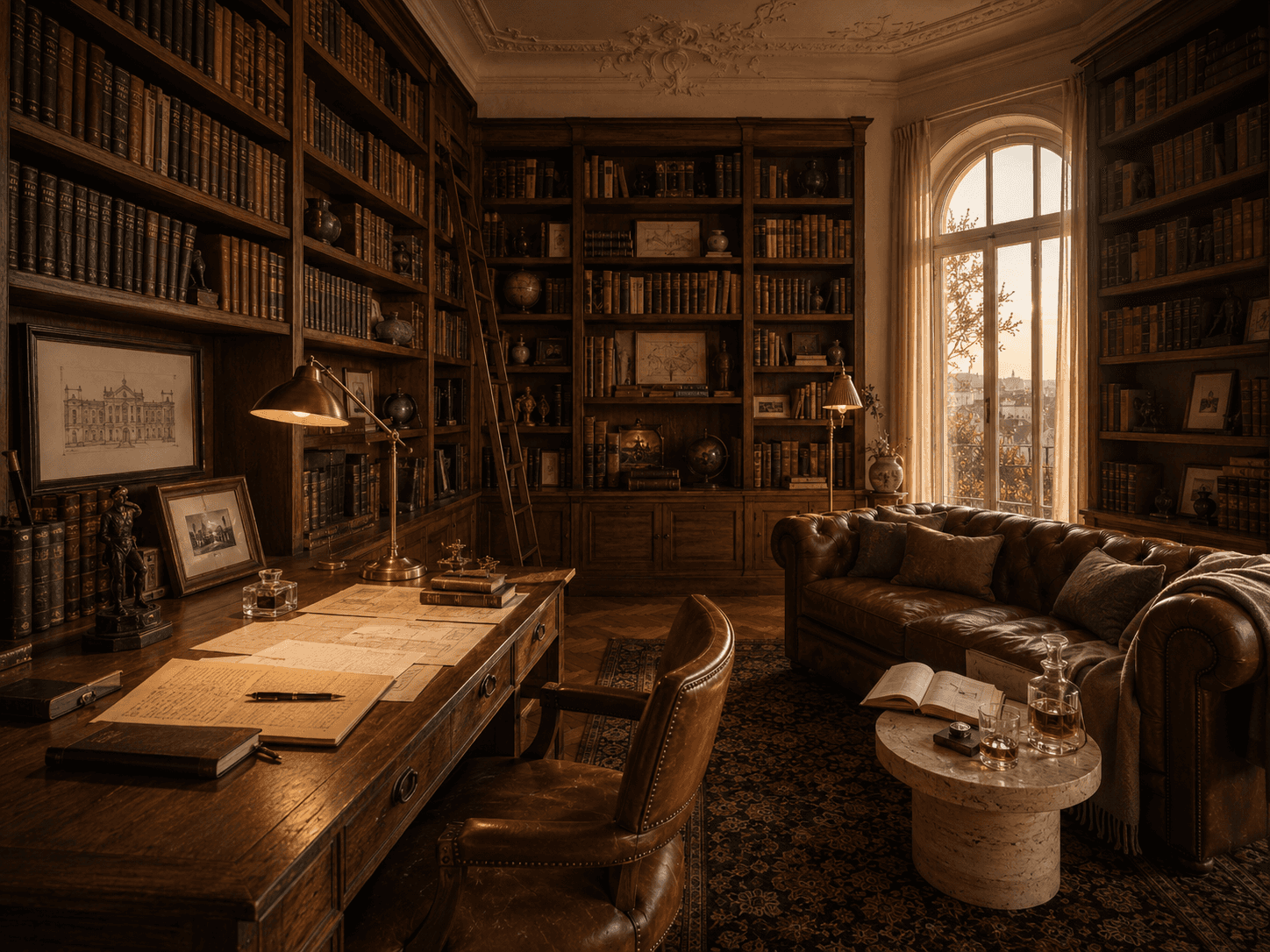 Private library and study of the Penthouse with floor-to-ceiling oak bookshelves filled with vintage leather-bound books, vintage writing desk, and Chesterfield sofa positioned for reading.