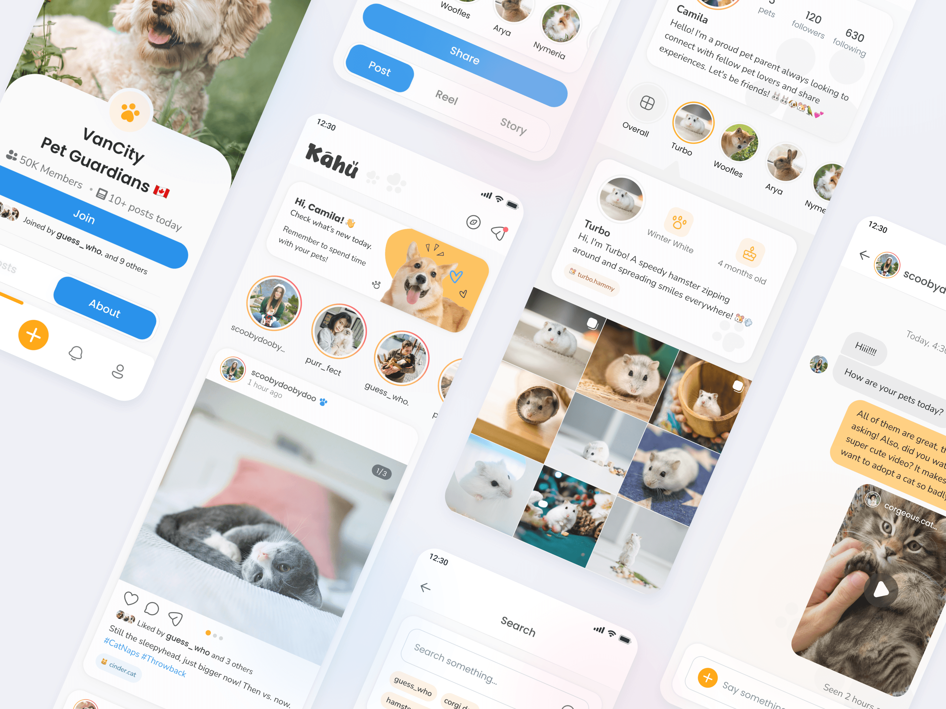 A collection of digital interface mockups for a social media application dedicated to pet guardians, featuring profiles for guardians and pets, a feed with photos of pets, and options to post stories, reels, or posts. The design uses a light, friendly color palette with yellow and blue accents.
