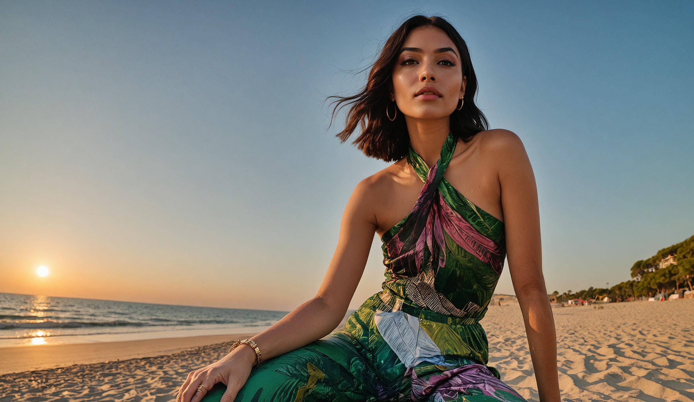 Woman in tropical print outfit enjoying sunset on sandy beach.