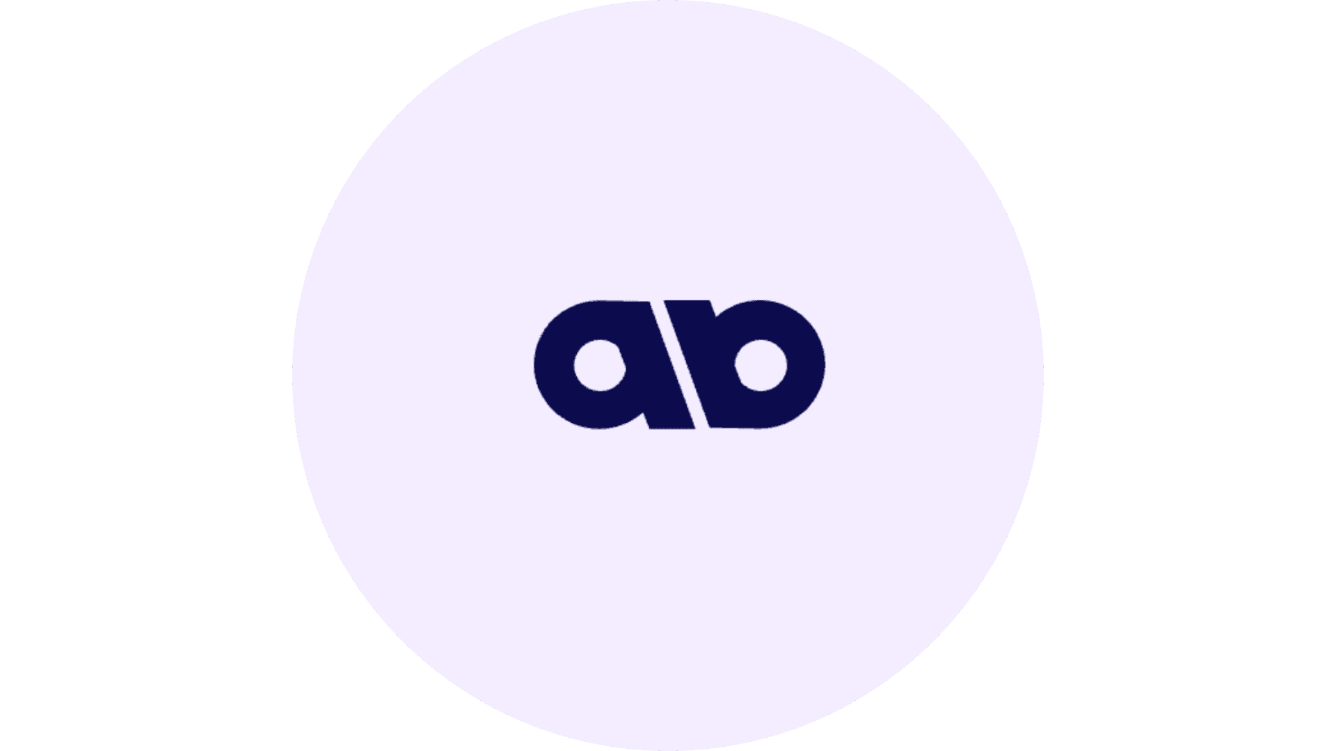 The image shows a minimalist logo featuring the lowercase letters "a" and "b" in bold, navy blue font, set against a light gray circular background.