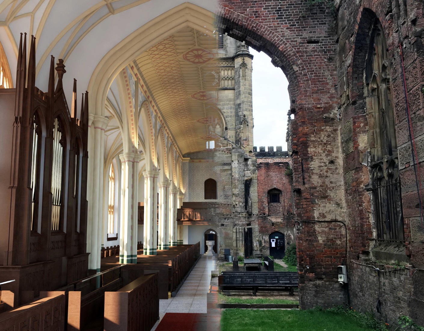 an image of a ruined church with one half of the image showing a digitally resorted version