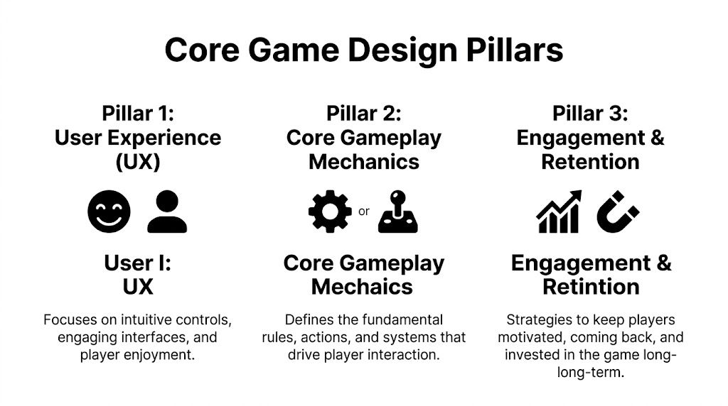 A diagram titled Core Game Design Pillars outlining three key aspects: User Experience, Core Gameplay, and Retention.
