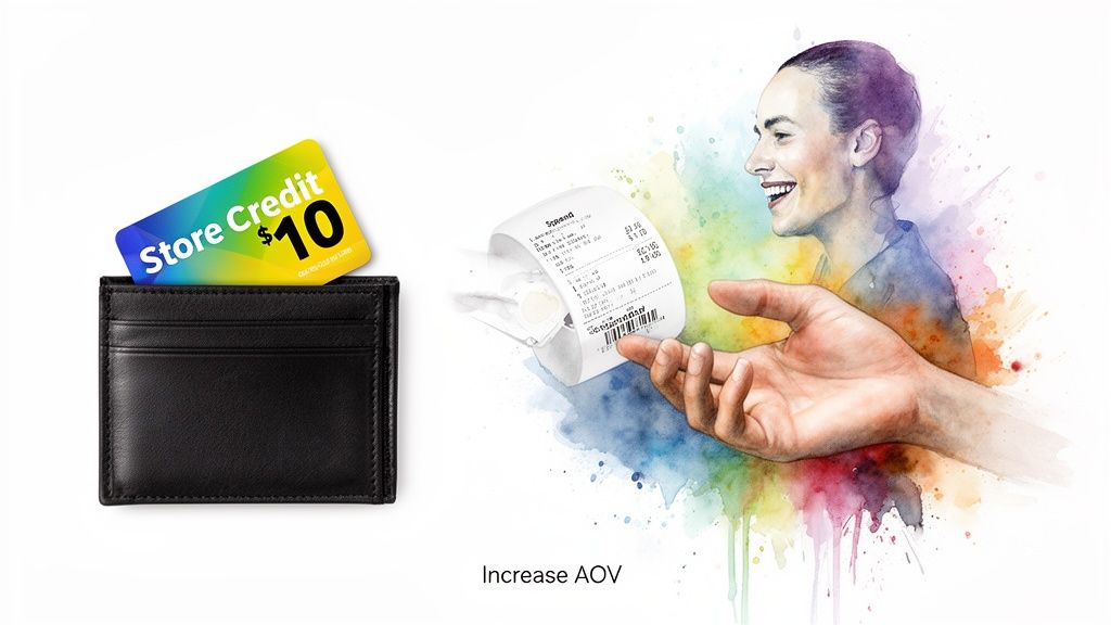Store credit card, a receipt, and a happy customer's hand, illustrating increased average order value.