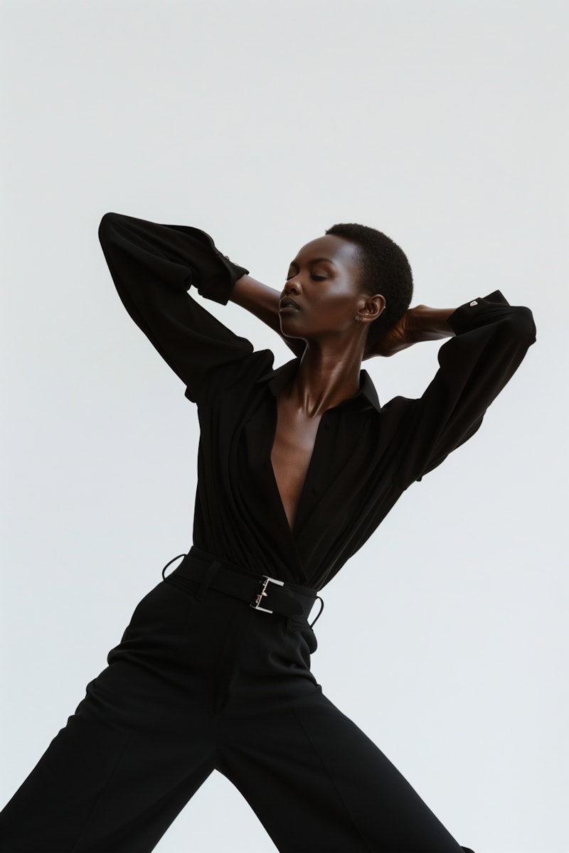 Stylish woman in a sleek black outfit striking a confident pose against a minimal light background. Perfect for fashion inspiration.
