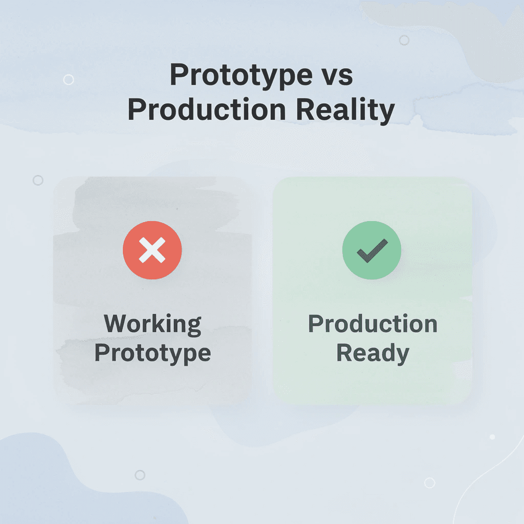 Before and after infographic showing the gap between working prototype and production-ready systems