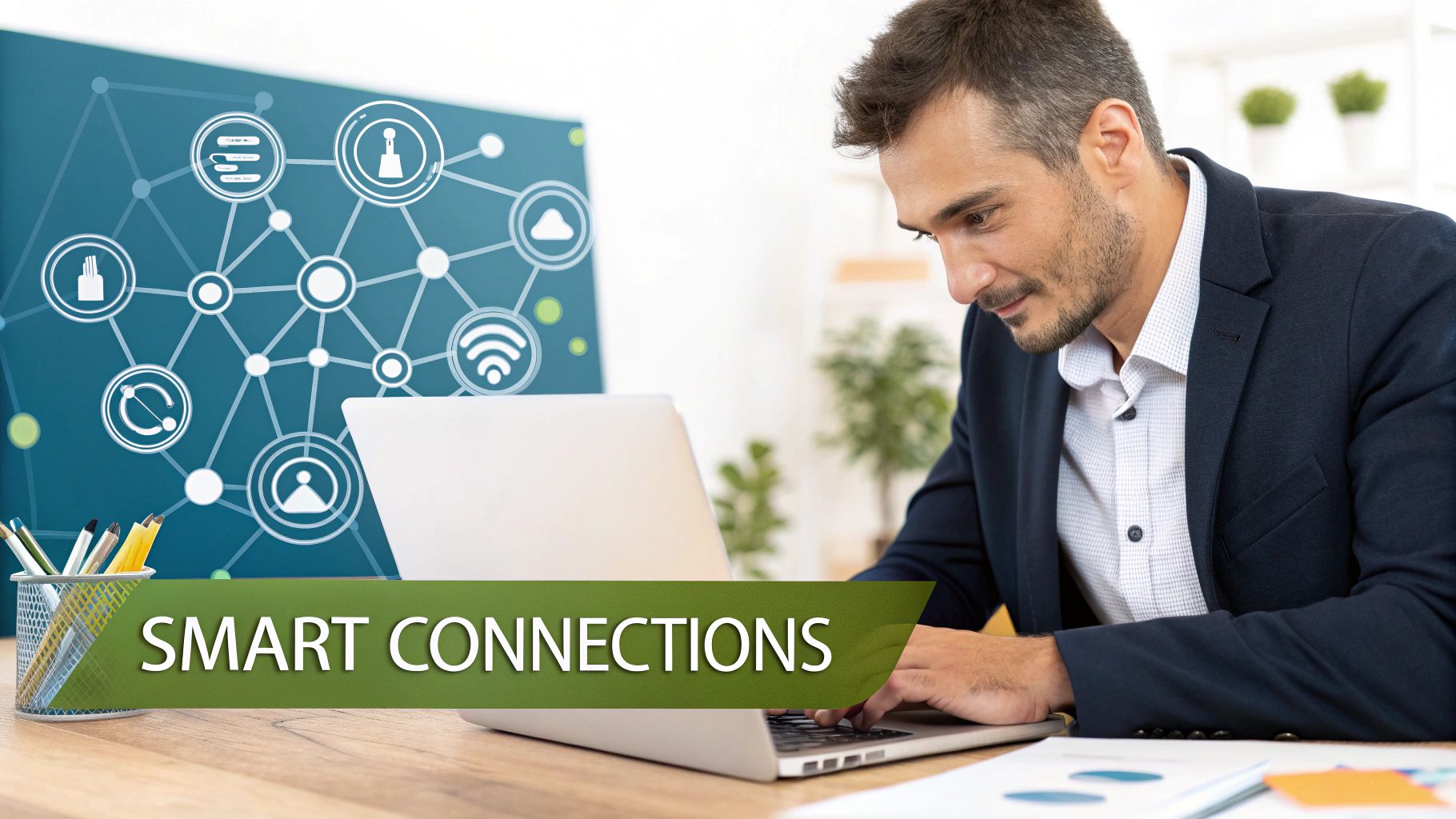 A professional smiling while networking on a laptop, representing smart LinkedIn connections.