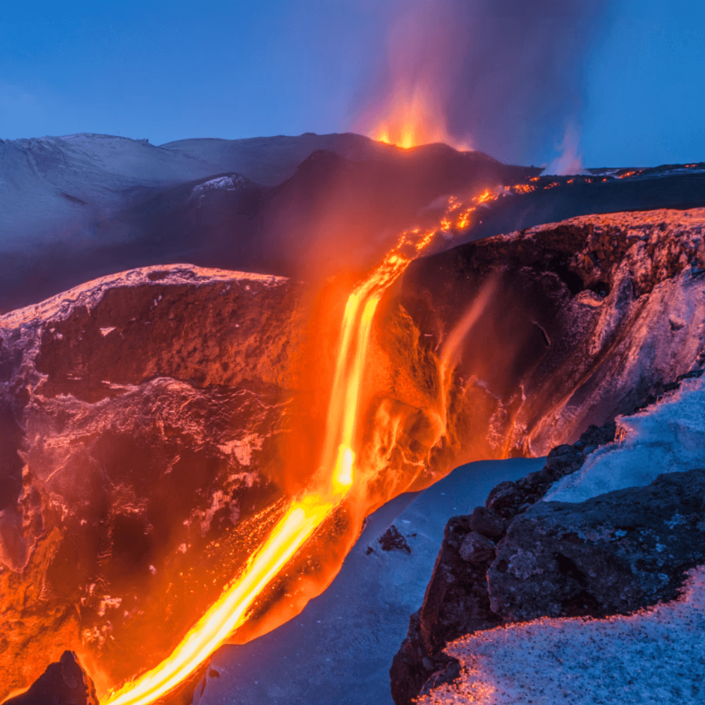 Lava cascades down a canyon in the 2010 eruptions at Fimmvörðuháls in Iceland in 2010.