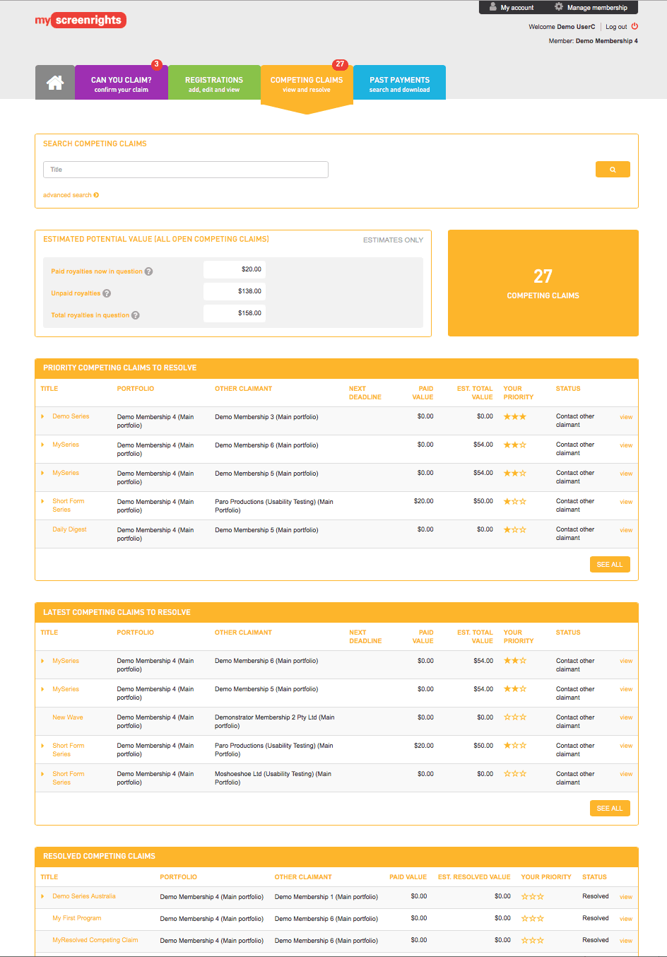 Screenshot of portal showing account details