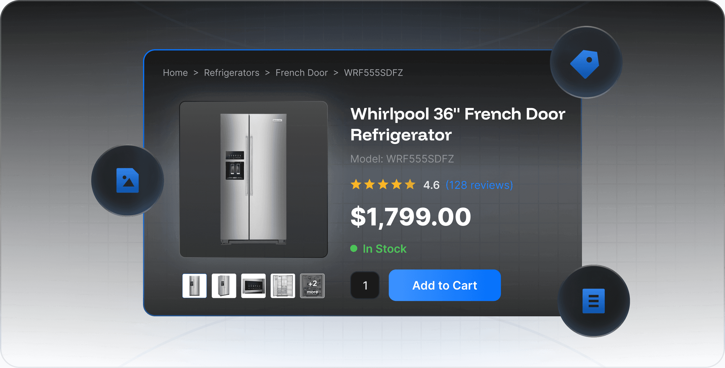 What Information Does an Appliance API Provide?: Online refrigerator listing displaying product images, model information, reviews, price, stock status, and an Add to Cart button..