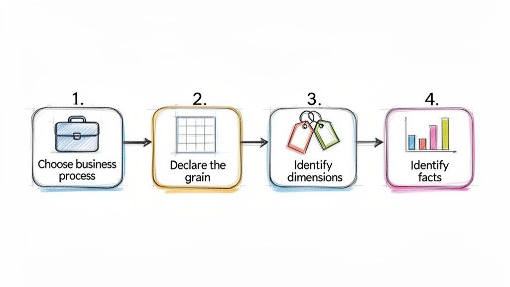A four-step diagram illustrating the process of dimensional data modeling for data warehousing.