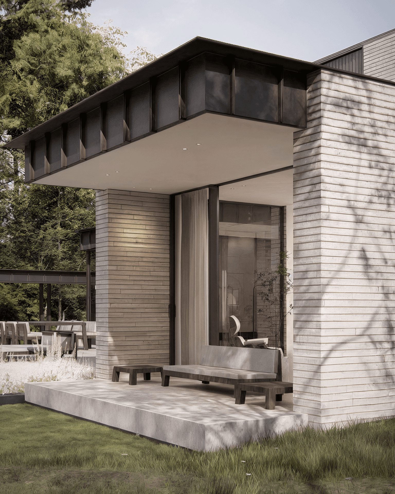 Architectonisch hoekdetail van moderne villa Grayhouse met overstek