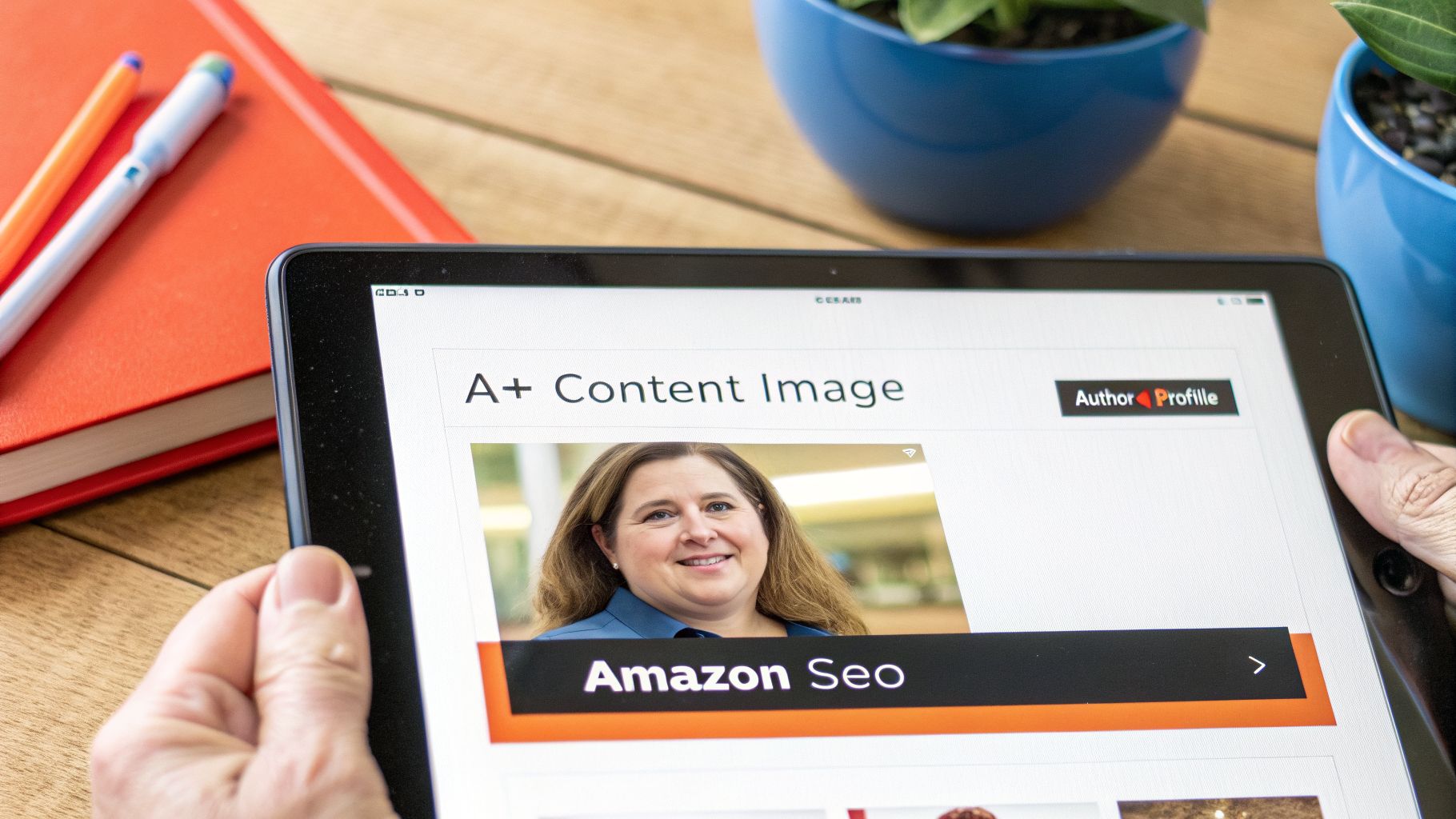 Hands hold a tablet showing an article about A+ content and Amazon SEO with a smiling woman's picture.