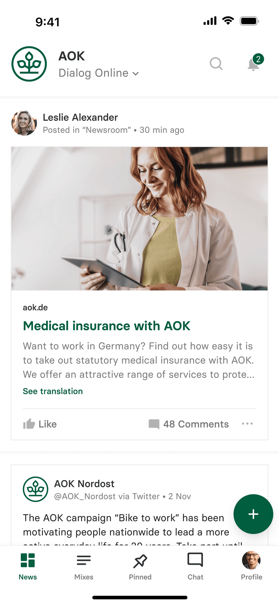 Mobile view of AOK’s internal employee app, highlighting a post on medical insurance updates. Designed for seamless communication within the organisation, the app enables real-time sharing of company news and internal updates.