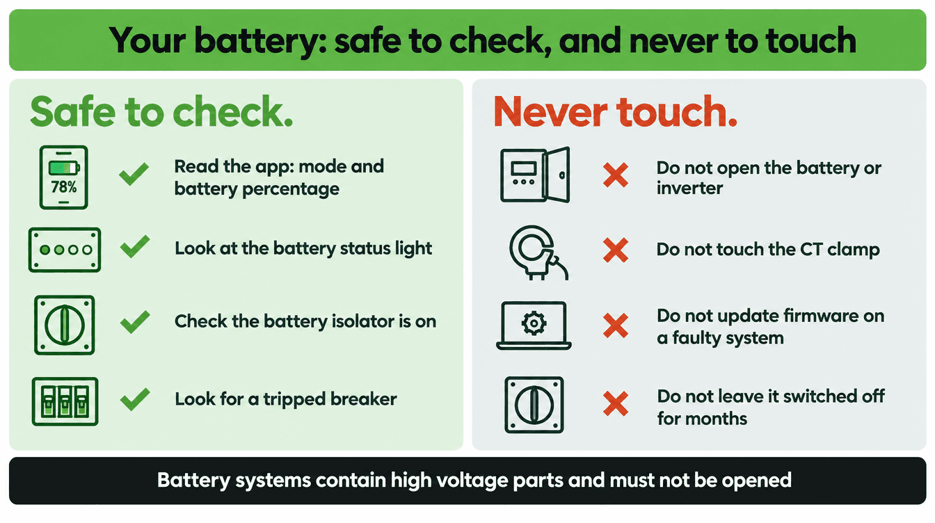 What is safe to check on a home battery, and what never to touch
