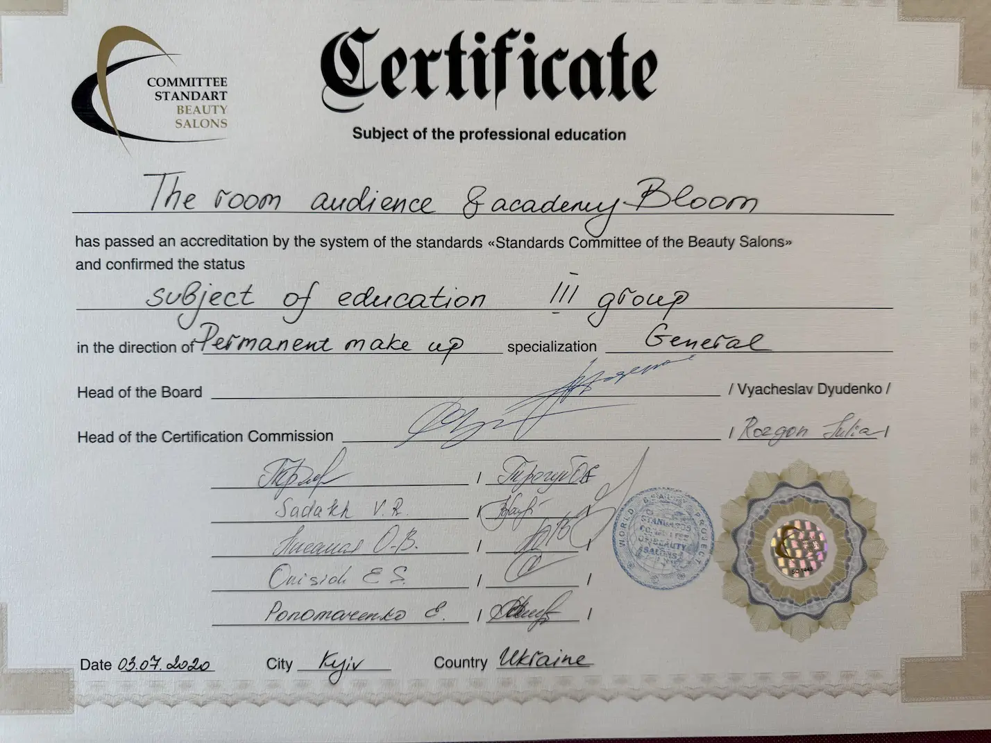 certificate permanent PMU make up