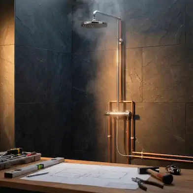 Colonne de douche chrome en cours d’installation sur mur en pierre sombre, lumière chaude et ambiance premium.