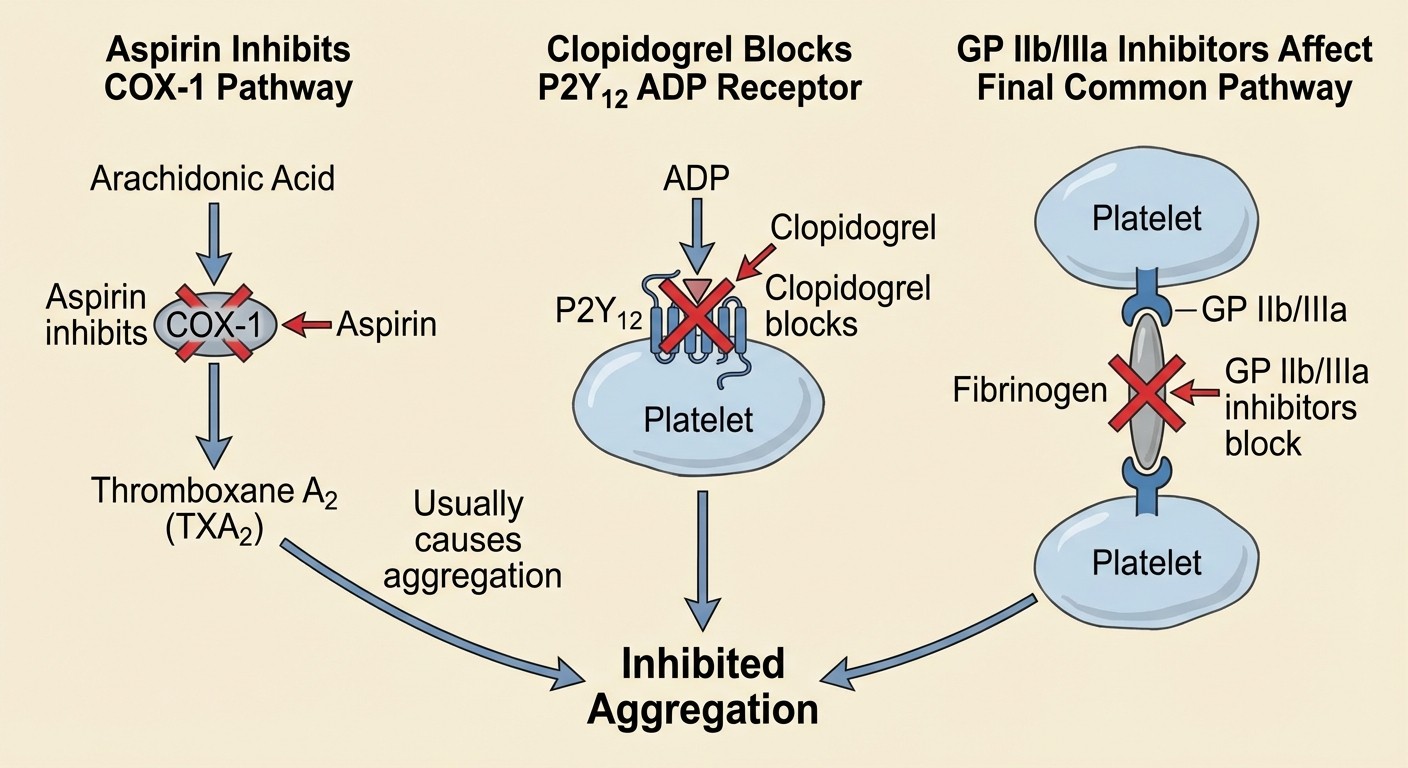 Antiplatelet drug mechanisms - COX-1, P2Y12, and GP IIb/IIIa pathways