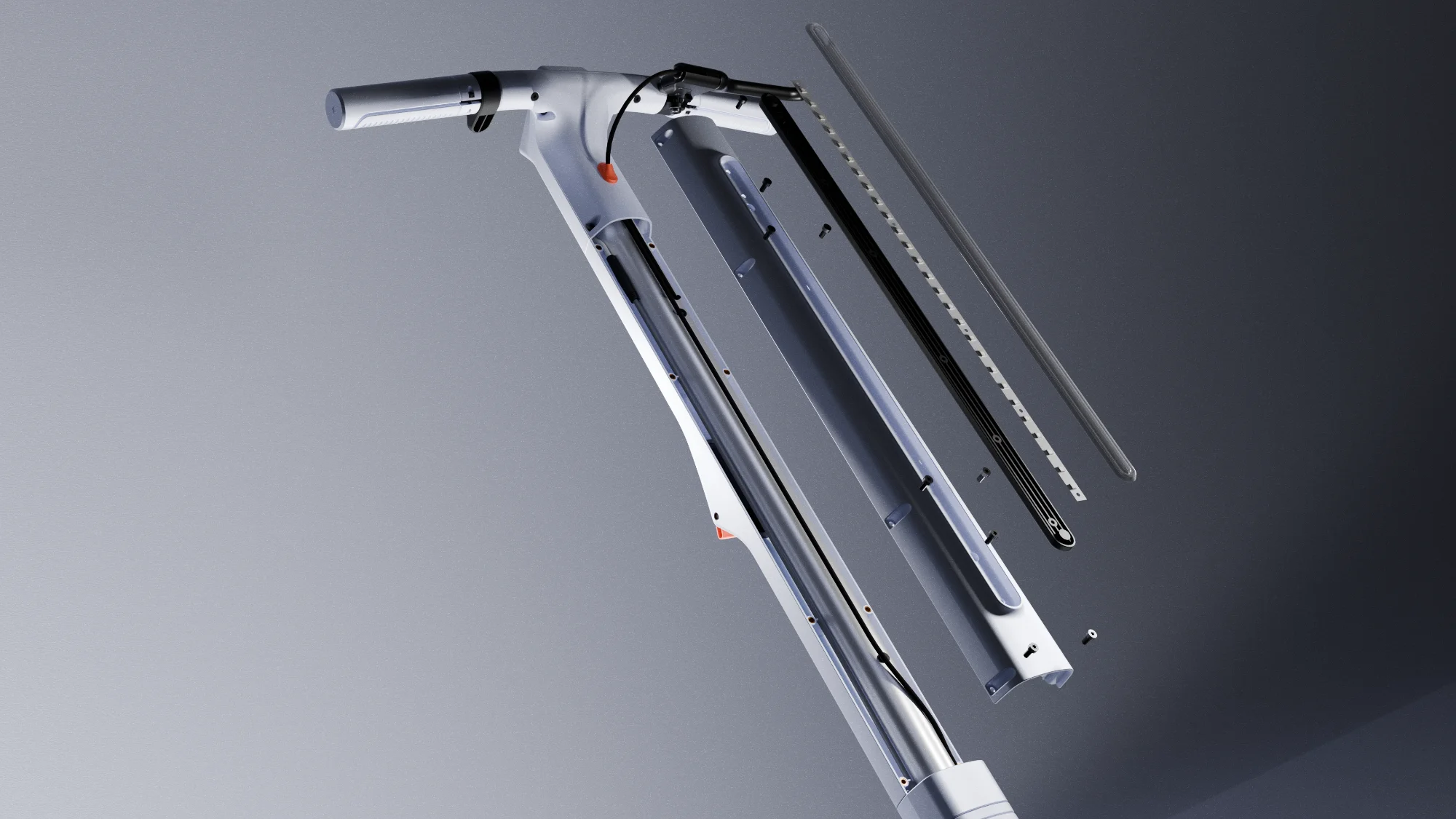 Exploded render of an electric scooter front light, demonstrating product architecture and LED integration.