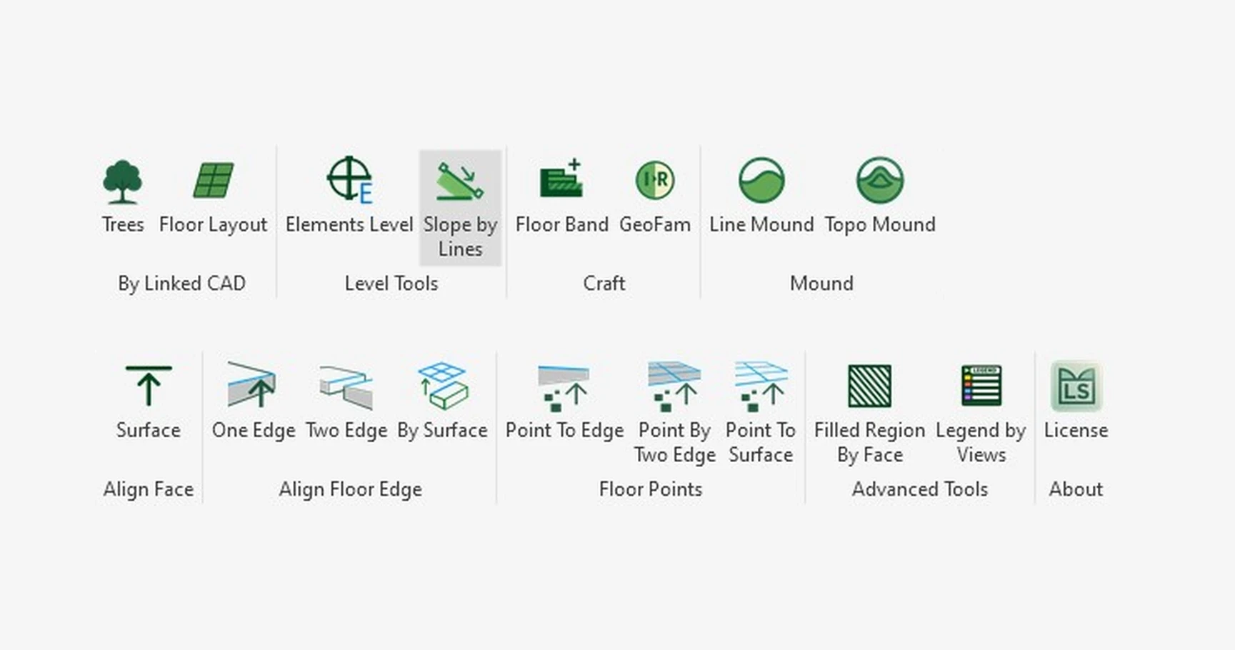 XD Landscape tab in the Revit ribbon showing CAD, level, mound, align, floor point and documentation tools