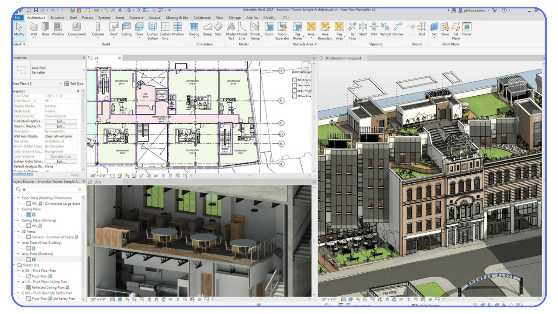 A Revit window showing a floor plan, a building section, and a 3D urban architectural model.