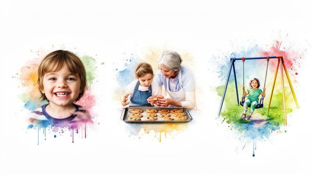 Watercolor illustration of a happy boy, a grandmother and child baking cookies, and a girl on a swing.