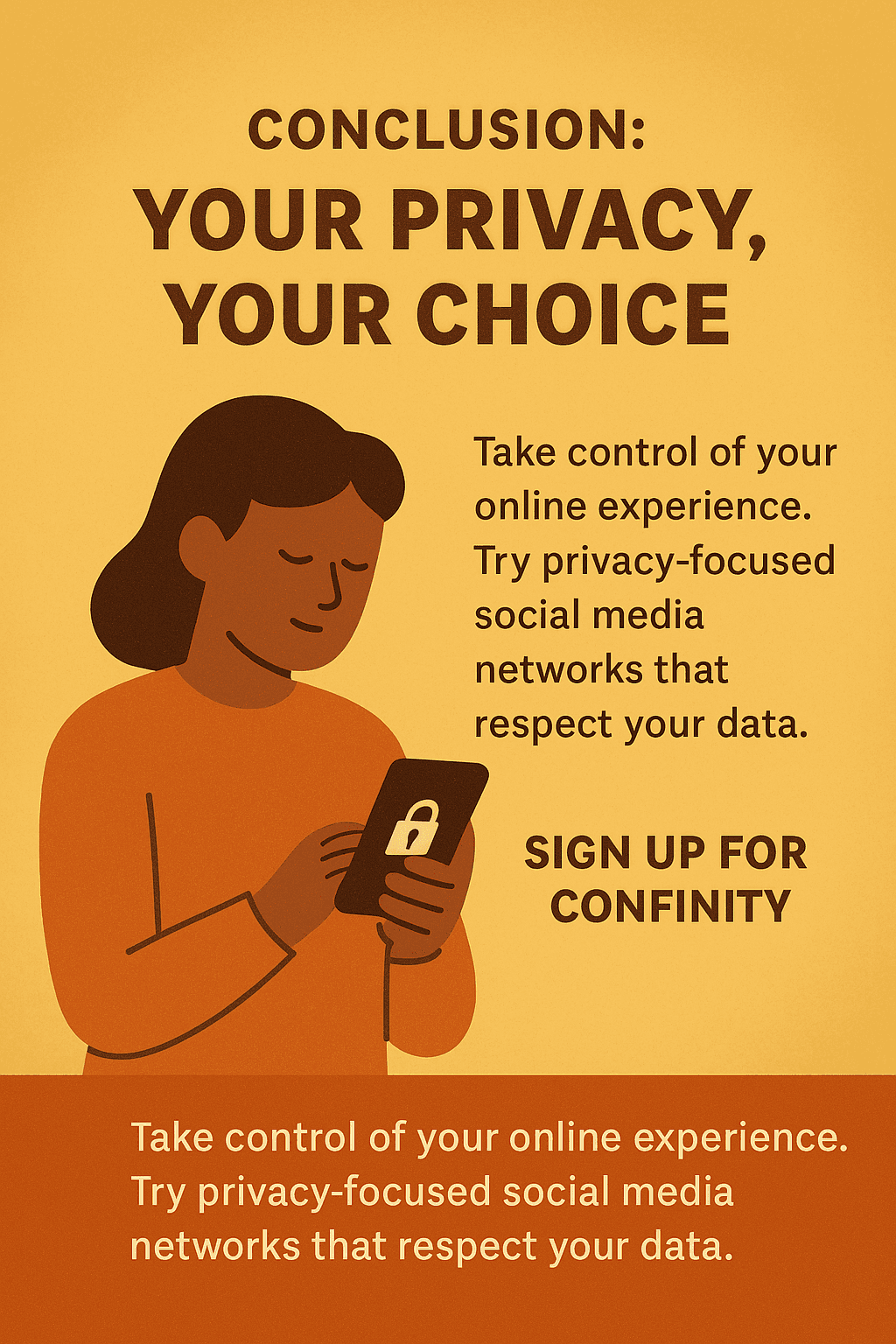 Illustration of a person choosing a privacy-focused platform on mobile with secure icon and a call to action to sign up for Confinity