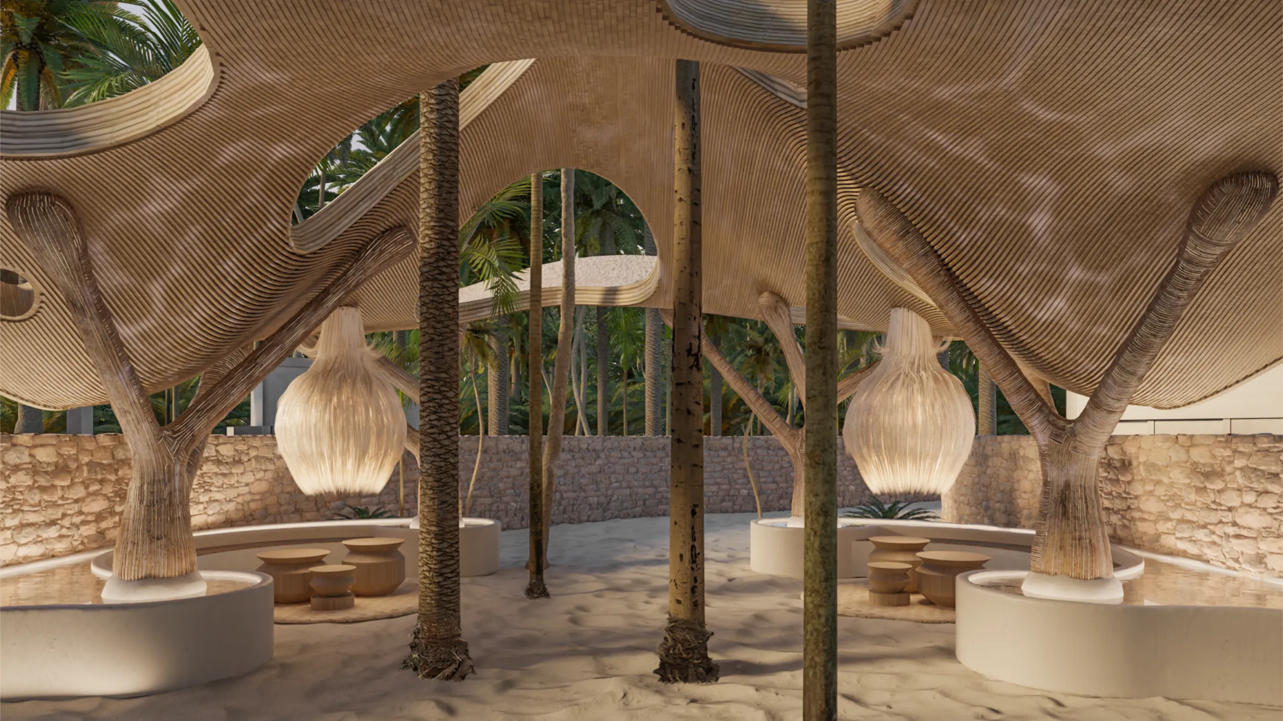Interior visualization of the Ahau Tulum motor lobby at night, featuring organic bamboo columns and custom bio-mimetic lighting fixtures hanging over a sand floor.