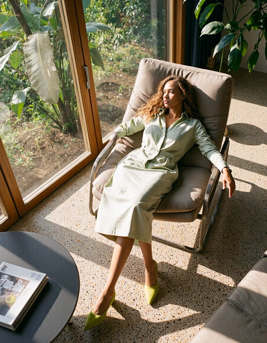 Elegant scene of person in light mint shirt dress relaxing in cushioned chair by window, bathed in natural sunlight with greenery outside