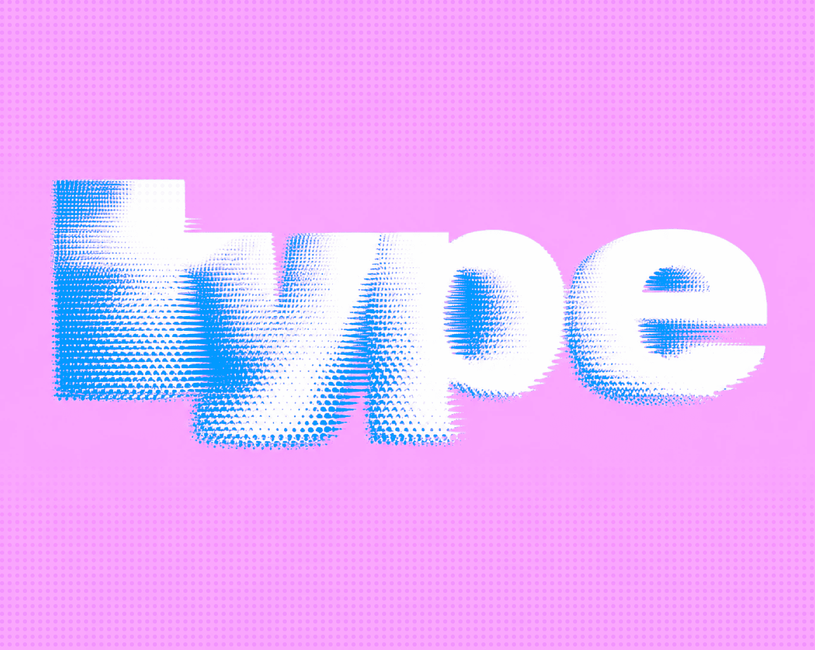 Experimental type design graphic with distorted white word type on a bright pink halftone background