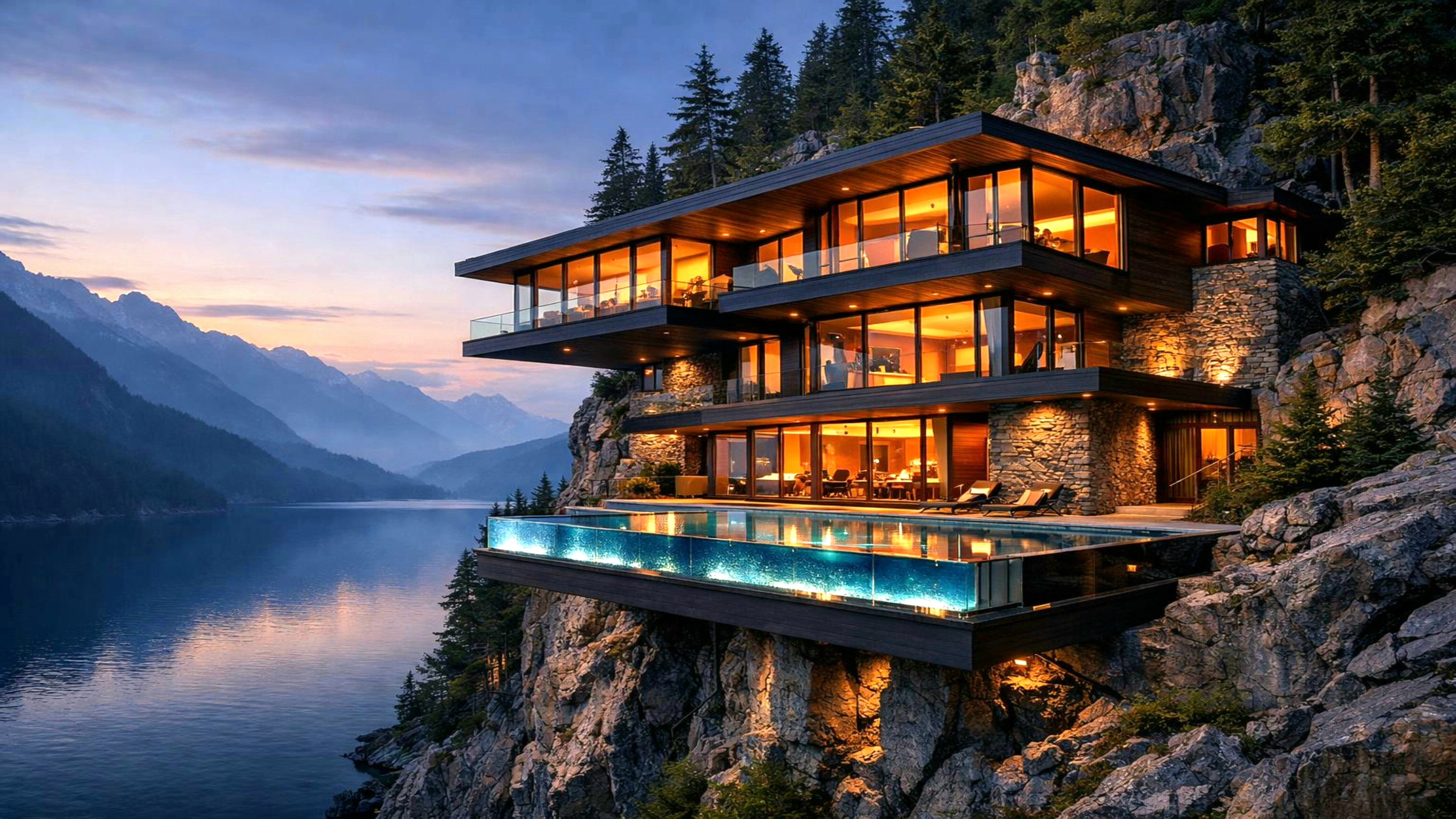 A stunning mountainside chalet illuminated at dusk, overlooking a tranquil lake and surrounded by forest.
