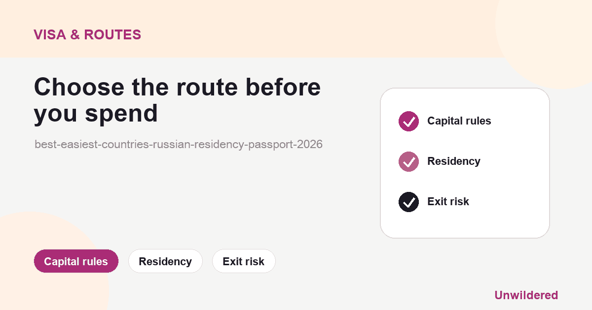 Explainer card for 7 Best & Easiest Countries for Russian Residency (2026 Guide): Capital rules, Residency, Exit risk.