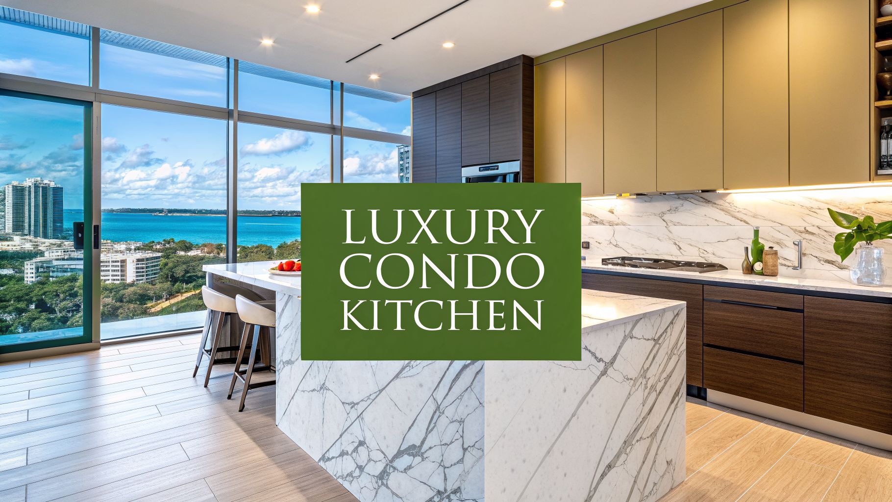 a luxurious kitchen with a green text box reading 'luxury condo kitchen'