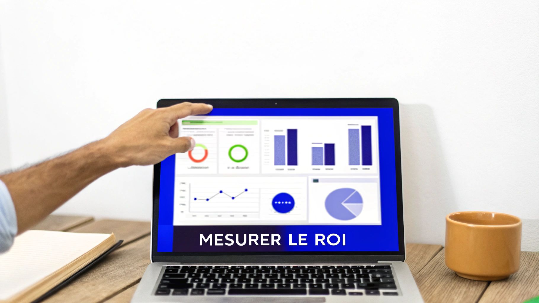 Main d'une personne pointant un écran d'ordinateur portable affichant des graphiques de données et le texte 'MESURER LE ROI'.