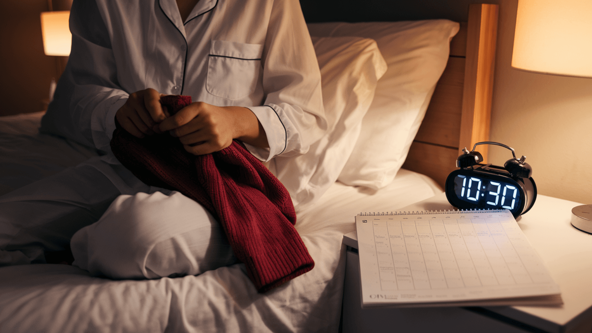 Building a Sleep Routine: A bedside setup with an alarm clock, calendar, and cozy pajamas, promoting consistent sleep schedules for better rest. - Sleep hygiene tips - Better sleep habits - Restful sleep techniques - Healthy sleep routine - Sleep hygiene practices - Sleep environment optimization - Benefits of good sleep hygiene - Tips for better rest - Sleep health improvement - Importance of sleep hygiene - Effective sleep habits - Natural ways to improve sleep - Healthy bedtime routine