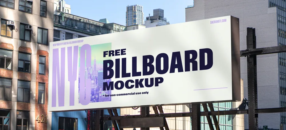 Large billboard mockup displayed on a vibrant magenta background with bold yellow text. The billboard is mounted in an urban setting with surrounding buildings and a clear blue sky.