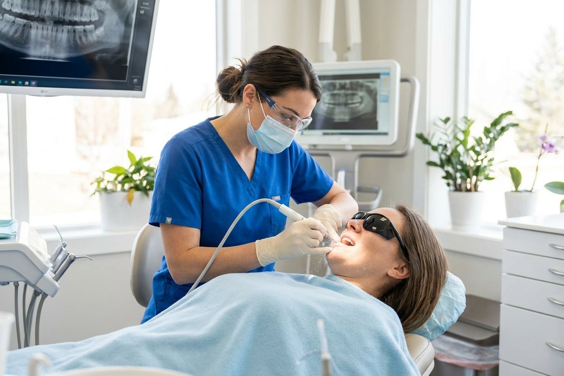 Dental hygienist performing a professional cleaning and scaling on a patient