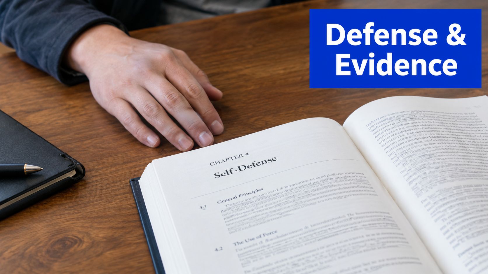 A person rests their hand near an open law book titled Chapter 4 Self-Defense on a desk.