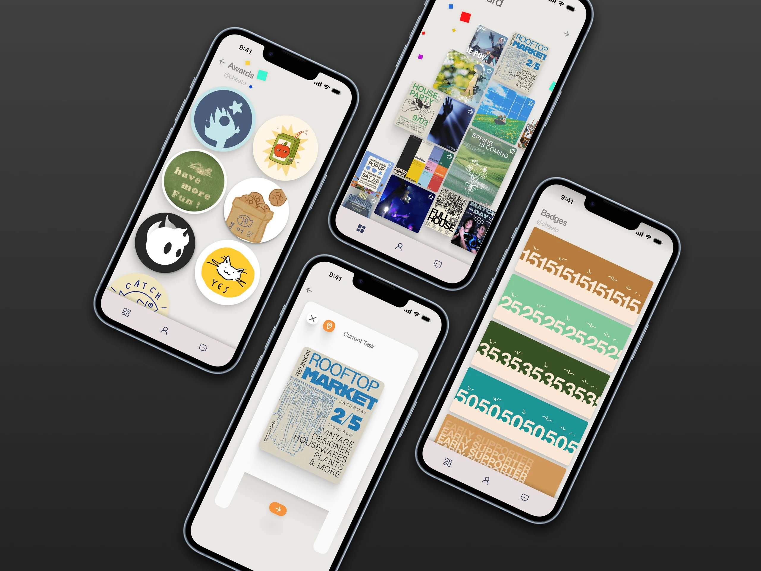 Four phone screens from Common Ground: a rewards page of circular sticker badges, a collaged board of event posters, a current-task screen showing a Rooftop Market flyer, and a badges page of coloured numbered tiers