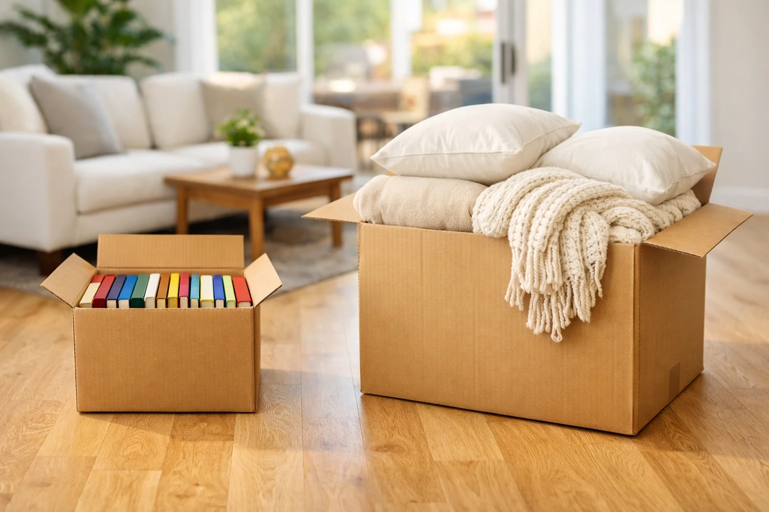 Properly packed boxes showing heavy books in small cartons and light linens in large moving boxes.