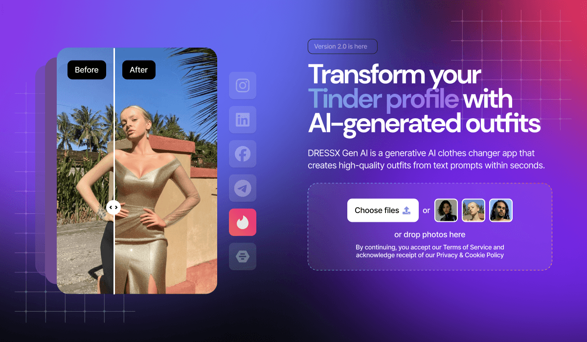 The image promotes an AI-based app called DRESSX Gen AI, which transforms outfits in photos using generative AI, with a focus on enhancing Tinder profiles