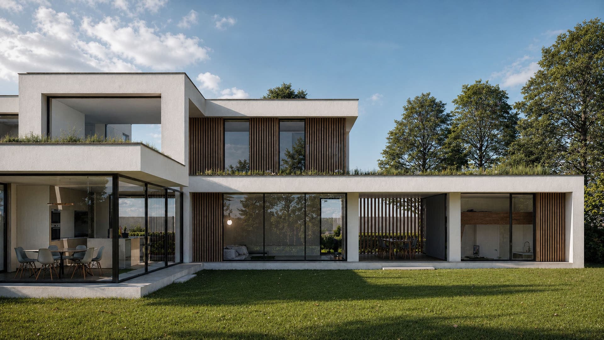 Moderne villa in Hilvarenbeek met wit stucwerk, houten gevelaccenten en grote glaspartijen aan de tuinzijde.