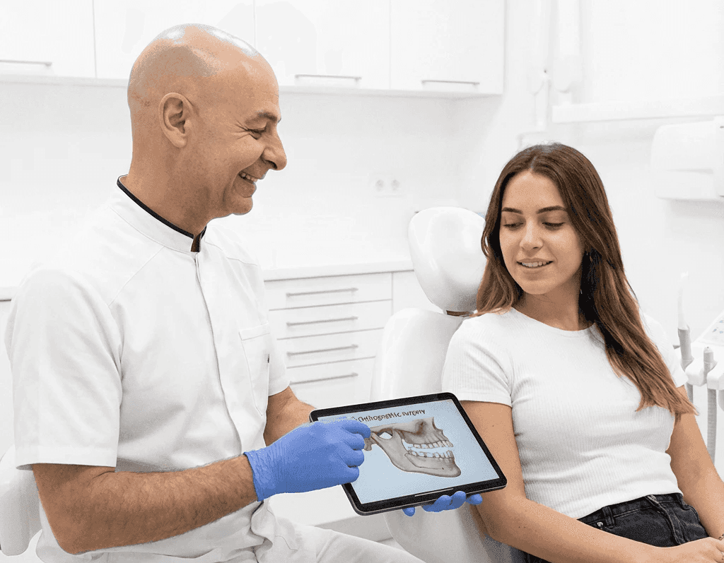 Dentist explaining bite alignment on a digital model during consultation for teeth grinding and jaw-related concerns.&nbsp;