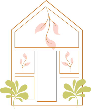 simple illustration of a angular greenhouse with green and pink foliage