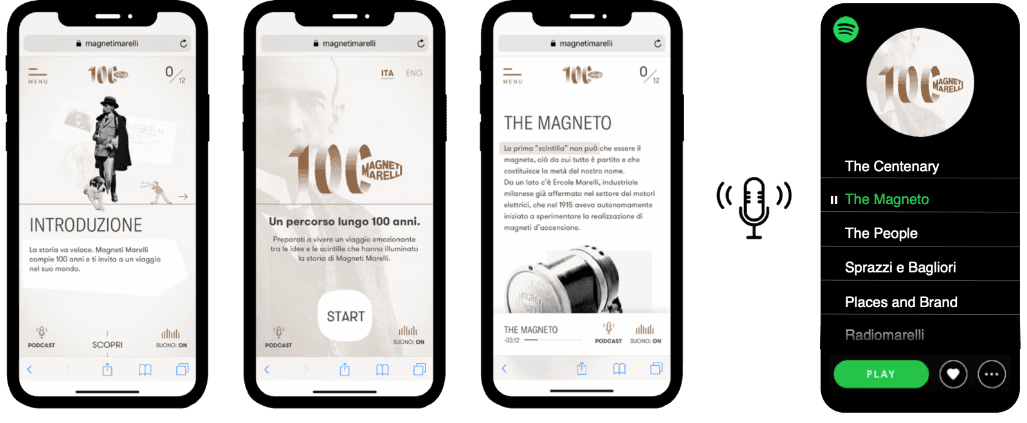 Microsito mobile Magneti Marelli Centenario: tre schermate del percorso ‘100 anni’ (introduzione, pagina iniziale, capitolo ‘The Magneto’) e player Spotify con la playlist delle tracce realizzate per il progetto.