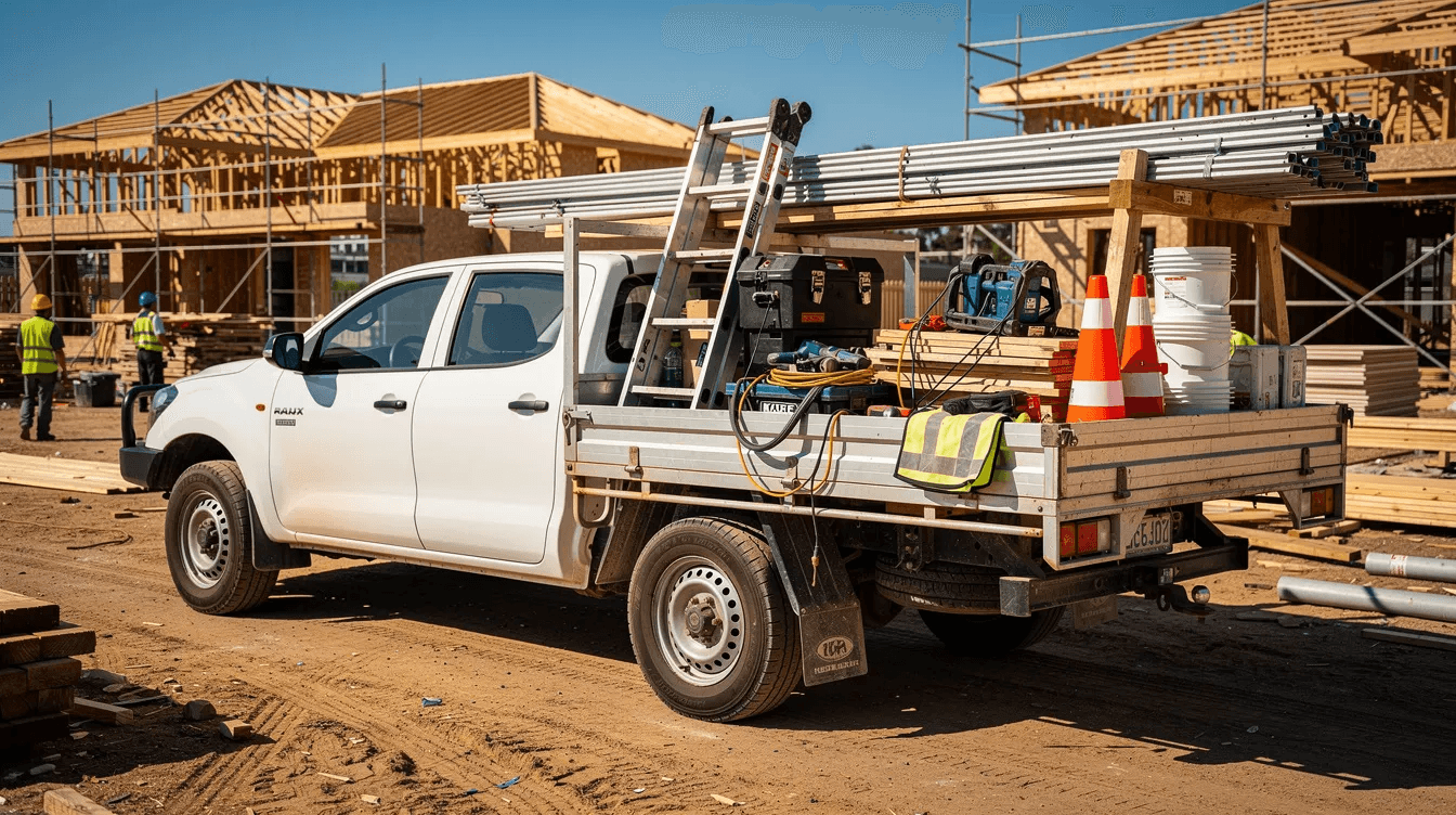 A white utility vehicle is parked at an Australian construction site, filled with various trade tools essential for ongoing projects. This scene reflects the importance of asset finance for businesses needing to acquire high-value assets like commercial vehicles and equipment to support their operations and growth.