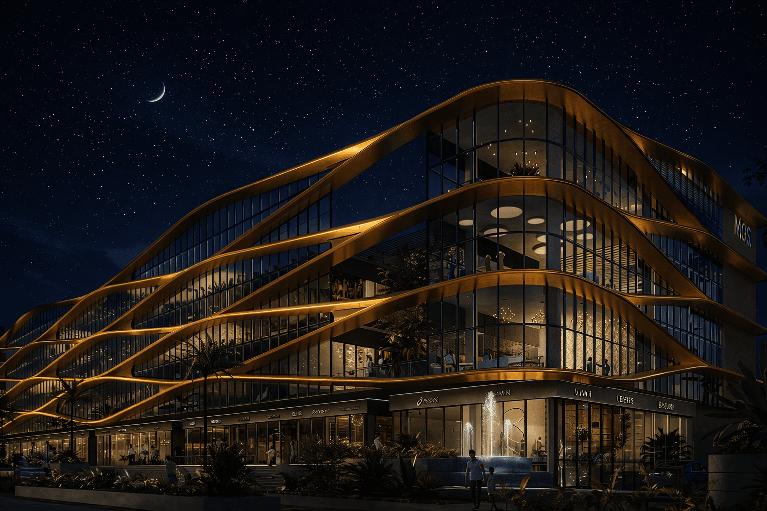 Night view of illuminated premium retail complex in Sector 73 Gurugram