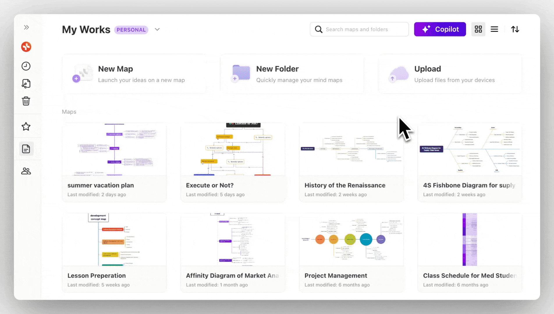 Mind mapping software interface displaying project plans