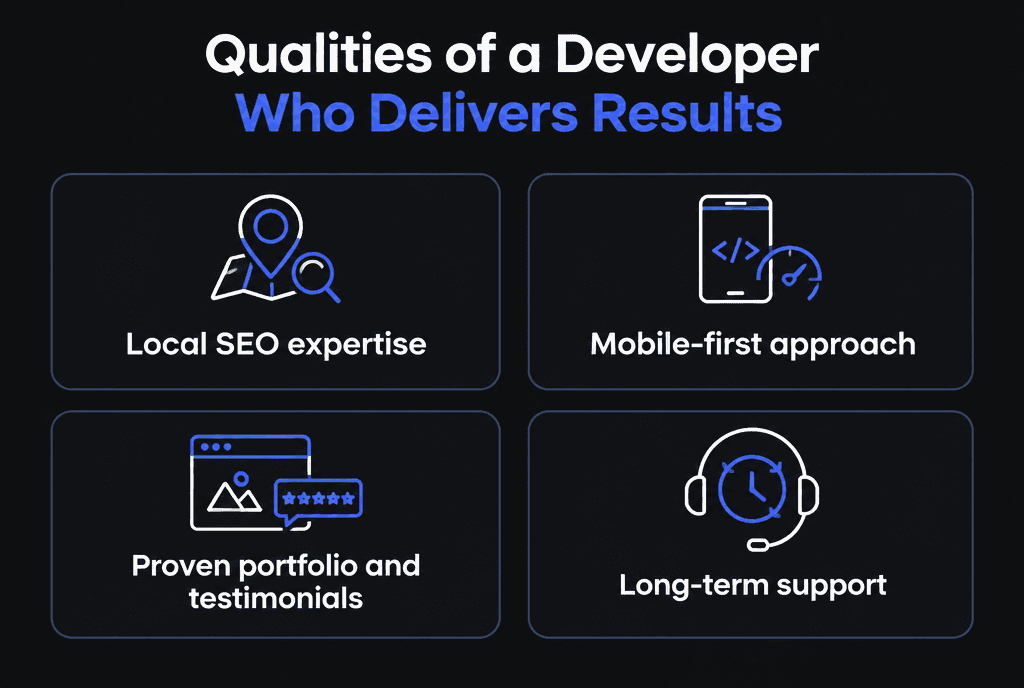Infographic of qualities of a web developer who delivers results: proven portfolio, clear process, local SEO skills, communication and ongoing support