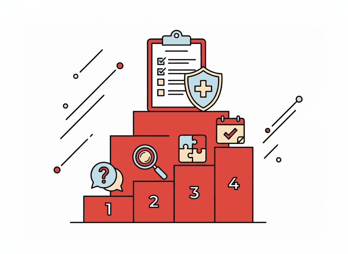 Vierstufige rote Podestgrafik mit Symbolen: Fragezeichen, Lupe, Puzzleteile, Kalender, Checkliste und Schild mit Kreuz.