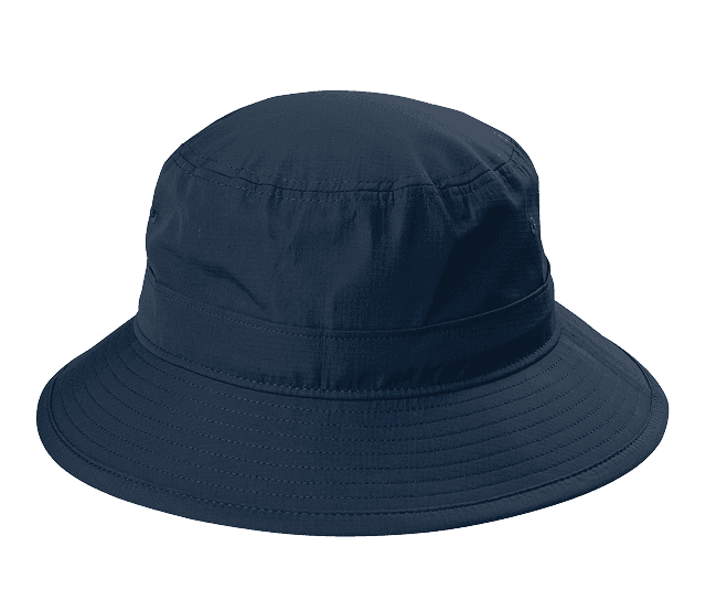 Navy blue bucket hat with wide brim and casual style.